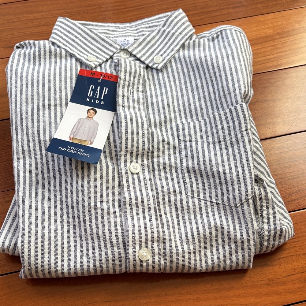 GAP Kids White and Gray Striped Button-Down Shirt